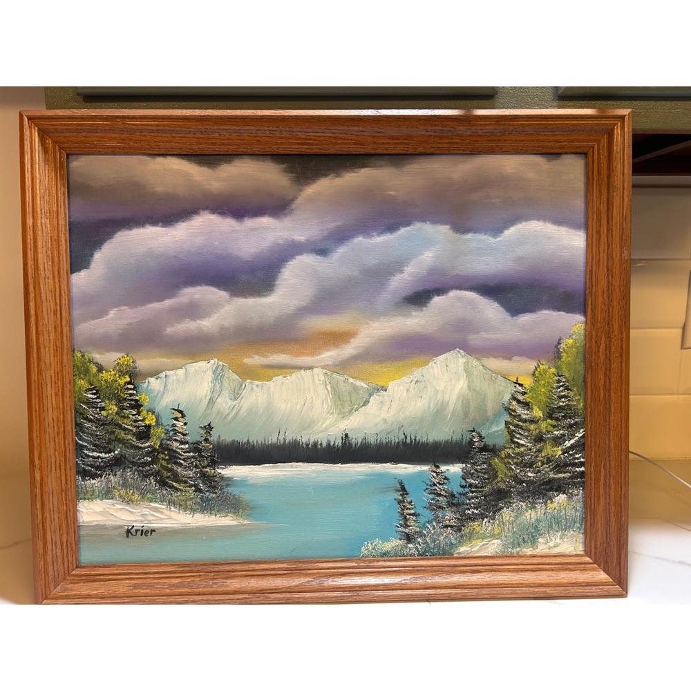Vintage Signed Krier Mountain Lake Oil Painting Framed Landscape Bob Ross Style